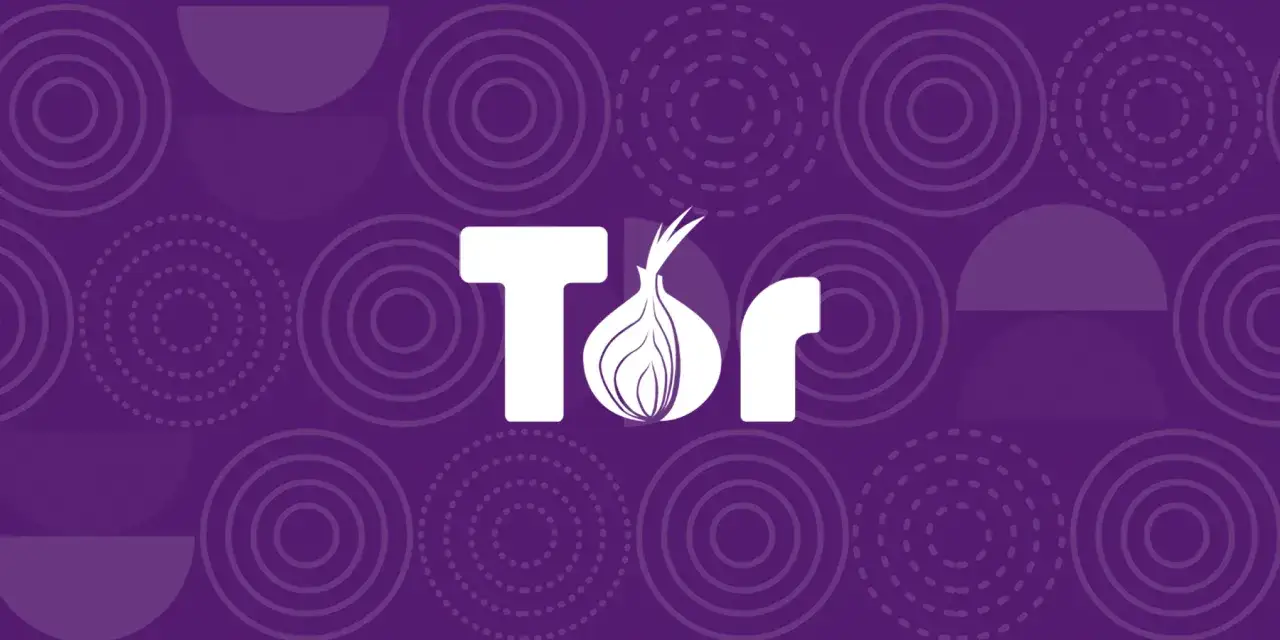 Białe logo Tor Browser z cebulą w tle fioletowych kół i półokręgów.