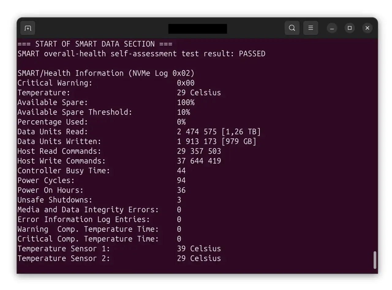 Wynik testu SMART dysku NVMe w Linux, sprawdzony przez cpu-z. Dysk sprawny, temperatura 29°C.