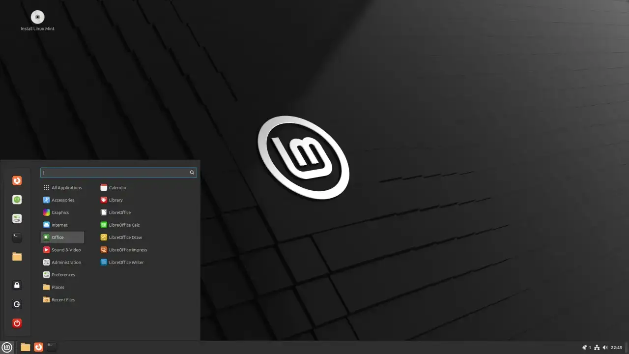Menu startowe Linux Mint Polska z ikoną systemu i wyszukiwarką aplikacji.