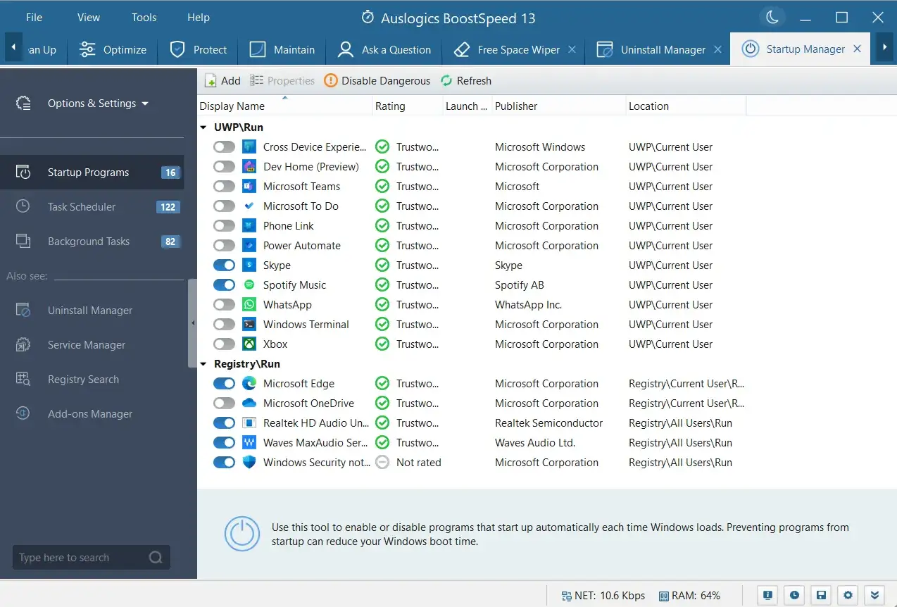 Zarządzanie programami uruchamianymi z autostartem w Windows 10. Wyłącz niepotrzebne aplikacje, by przyspieszyć start systemu.