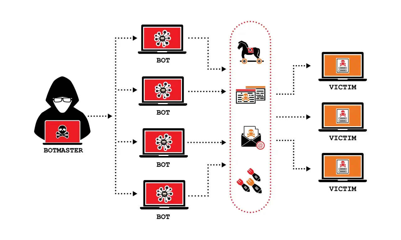 Botmaster steruje botami, które atakują ofiary. Schemat ilustruje, jak działa atak DDoS.