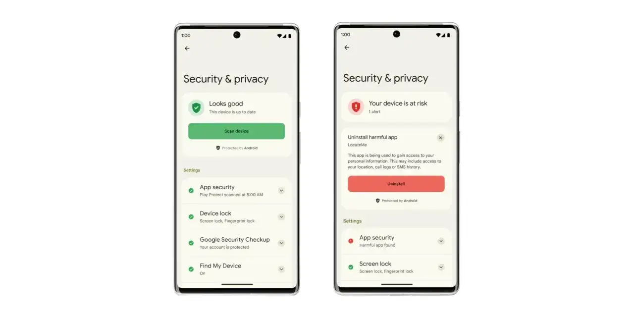 Dwa ekrany telefonu z ustawieniami bezpieczeństwa. Po lewej: 