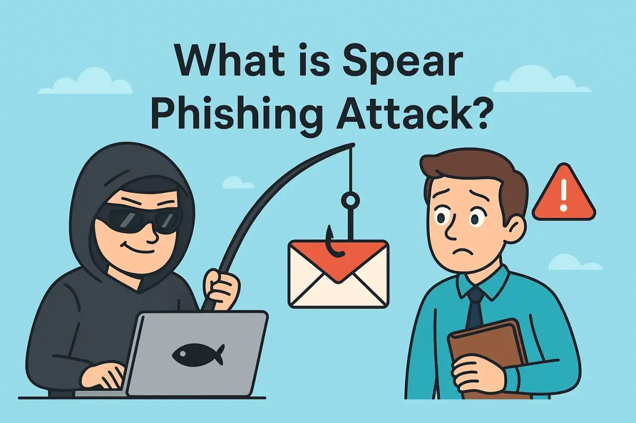 Haker z laptopem łowi maila na haczyku. Zrozum, co to spear phishing, by uniknąć pułapki.