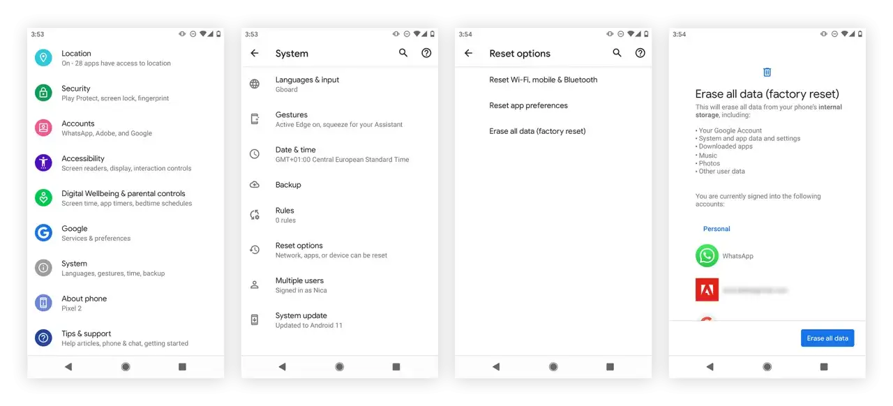 Jak wyczyścić telefon z wirusów? Ekran resetowania telefonu do ustawień fabrycznych, który usuwa wszystkie dane.