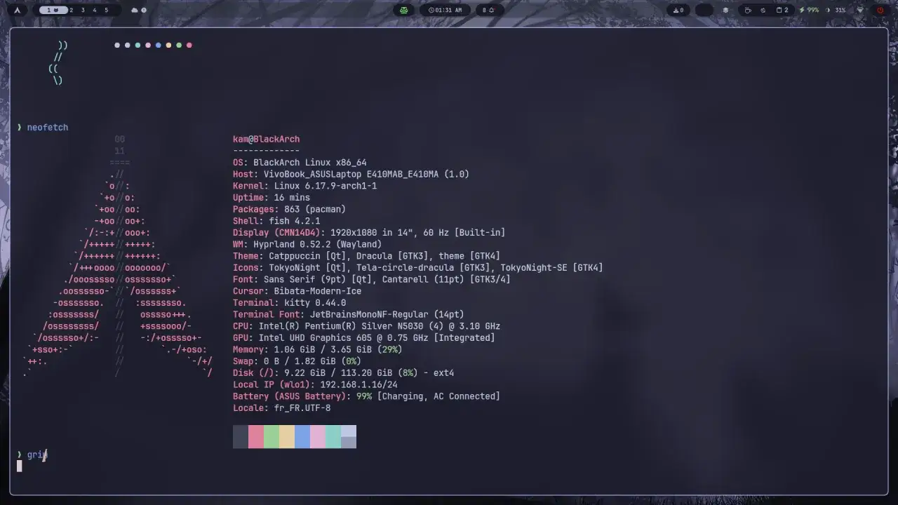 Kam na BlackArch Linux, system operacyjny z rodziny Arch, uruchomiony na laptopie ASUS. Widok terminala z neofetch.
