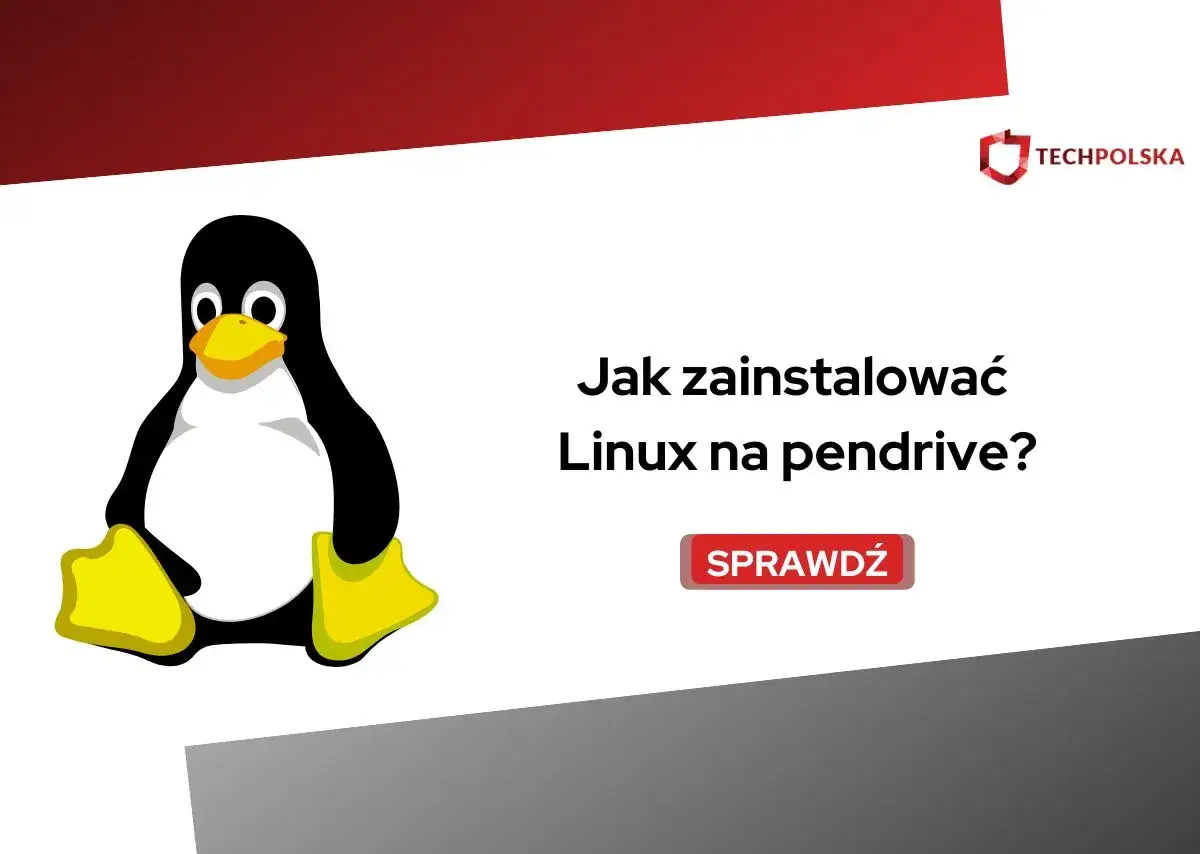 Tux, maskotka Linuksa, obok napisu 