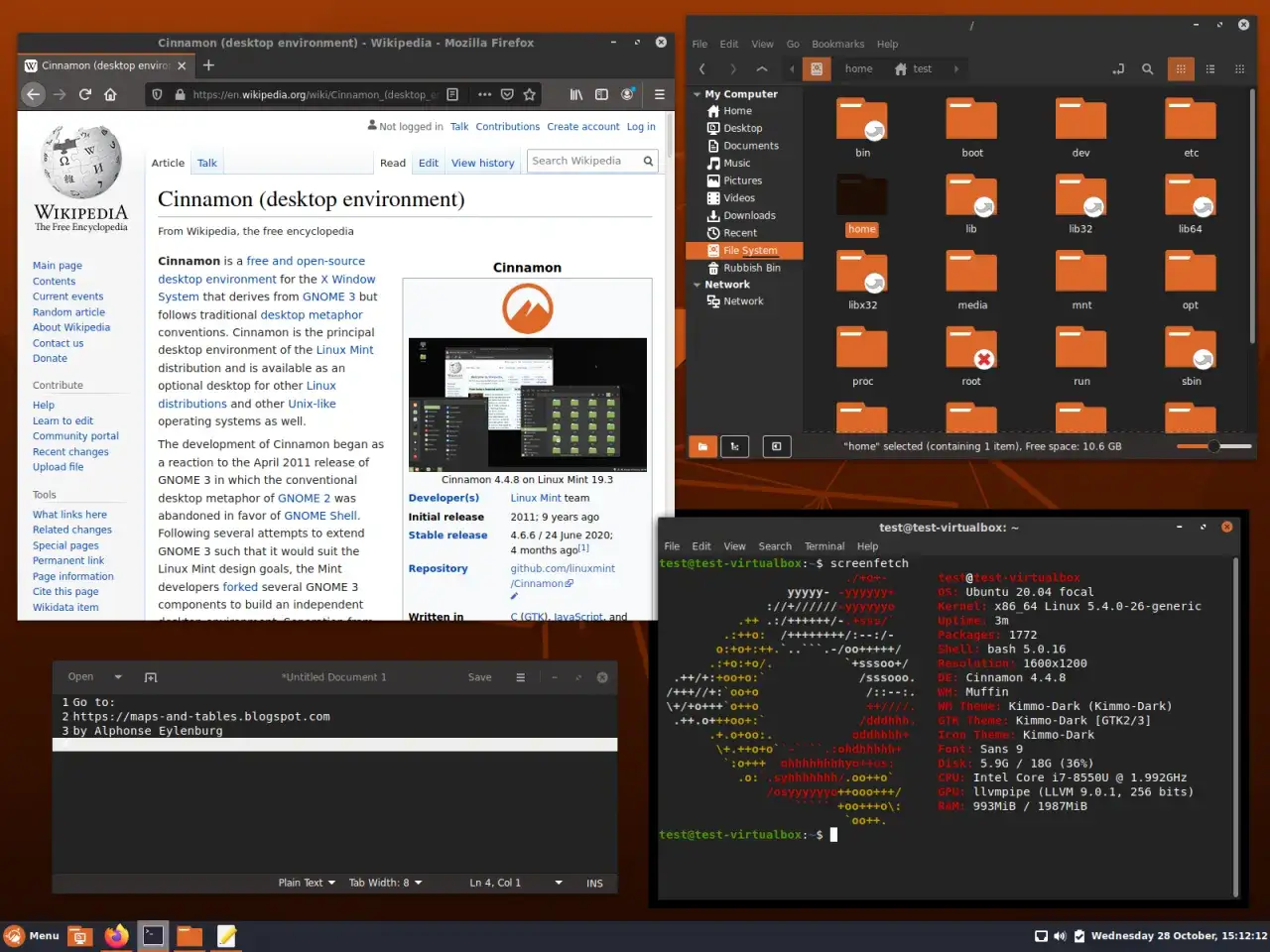 Na ekranie widać pulpit z systemem Linux Mint, przeglądarkę Wikipedia, menedżer plików i terminal.