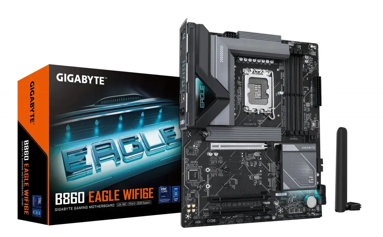 Płyta główna Gigabyte B860 Eagle z pudełkiem. Sprawdź, jak sprawdzić czy procesor pasuje do płyty głównej, szukając oznaczeń LGA 1851.