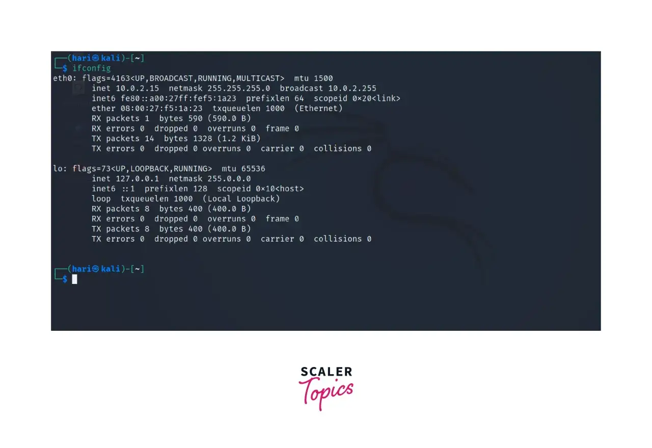 Terminal showing how to check IP address on Linux using `ifconfig`. Displays IP 10.0.2.15 for eth0 and 127.0.0.1 for lo.