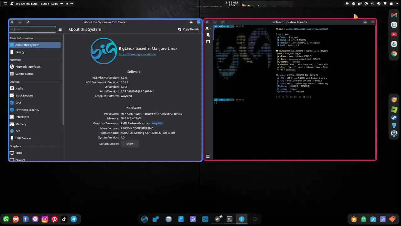 BigLinux na Manjaro z KDE Plasma 6.3.6, procesor AMD Ryzen 7 4800H, 30.8 GB RAM. System działa płynnie.