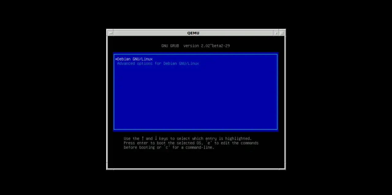 Ekran startowy GRUB dla Debian GNU/Linux w QEMU. Wybierz system lub edytuj polecenia.