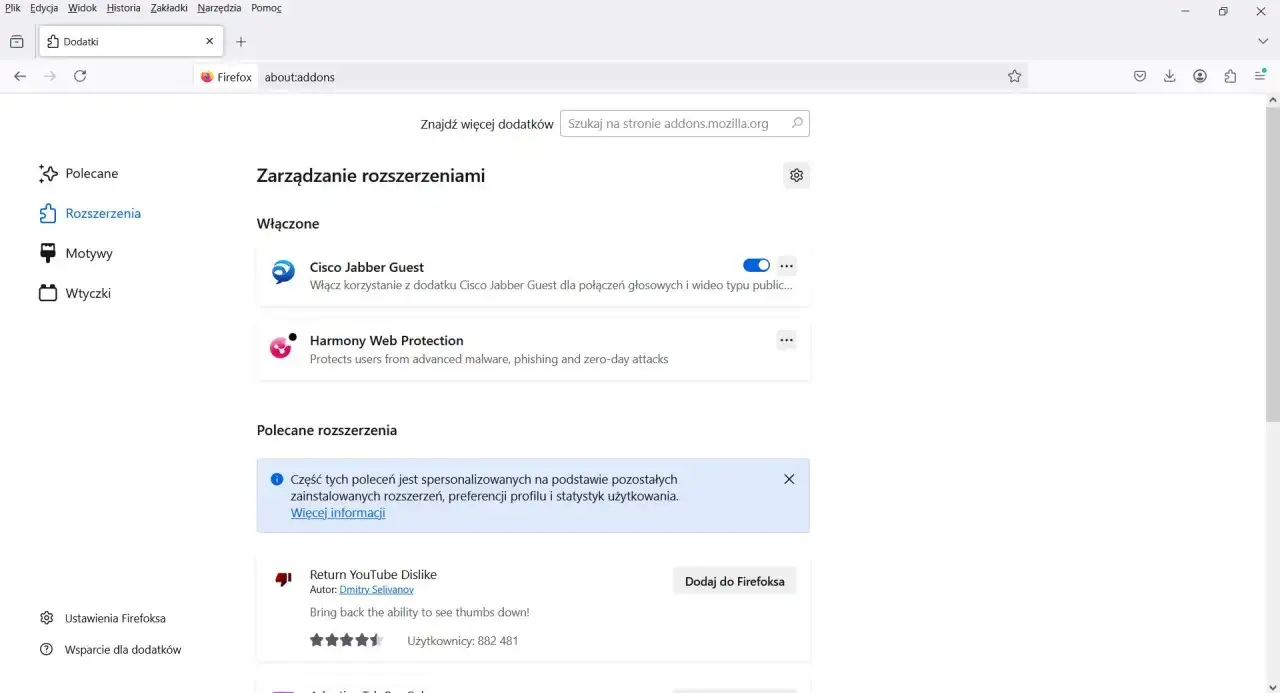 Zarządzanie rozszerzeniami w przeglądarce Firefox. Widoczne są włączone dodatki Cisco Jabber Guest i Harmony Web Protection, a także polecane rozszerzenia.