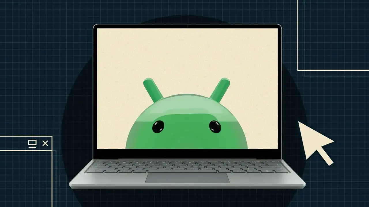 Zielony robot Android spogląda z ekranu laptopa, sugerując instalację android x86 na komputerze.