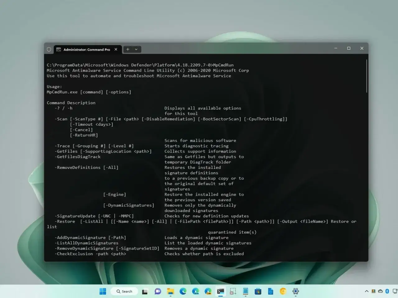 Wiersz poleceń do skanowania antywirusowego. Narzędzie MpCmdRun.exe pozwala na skanowanie, aktualizację definicji i inne operacje związane z ochroną.