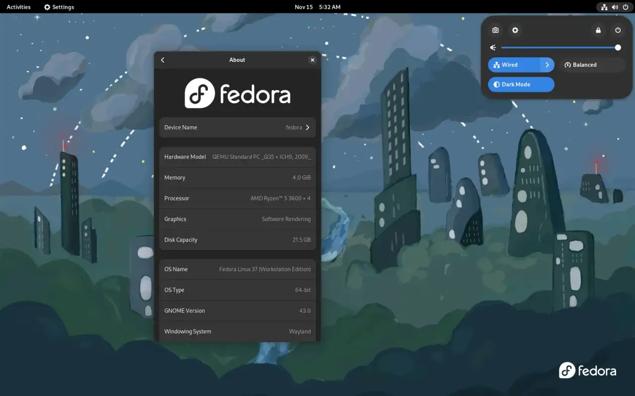 Informacje o systemie Fedora Linux 37 (Workstation Edition) z procesorem AMD Ryzen 5 3600.