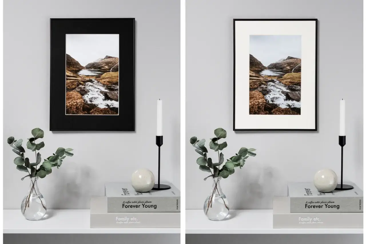 Dwa rodzaje ram: czarna, gruba z passe-partout i cienka, czarna z białym passe-partout. Obie oprawiają ten sam g&oacute;rski krajobraz.