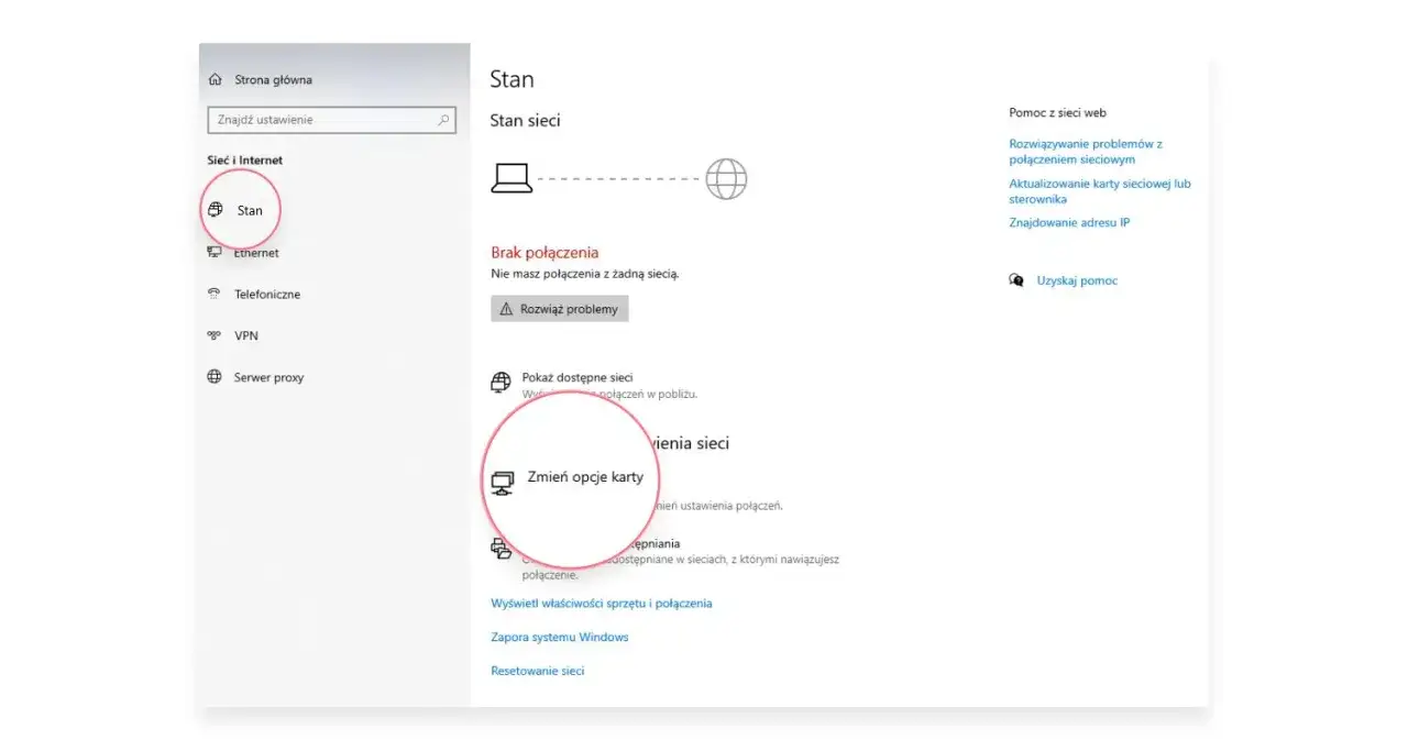 Ekran ustawień sieciowych Windows. Brak połączenia z siecią. Wskazanie na 