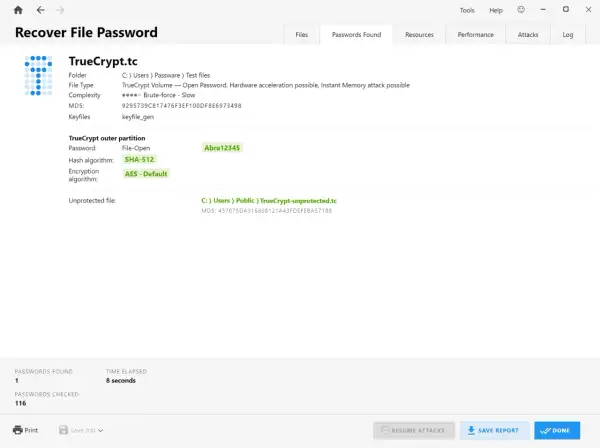 Odzyskiwanie hasła do pliku TrueCrypt.tc, użyto algorytmu SHA-512 i AES. Znaleziono 1 hasło.