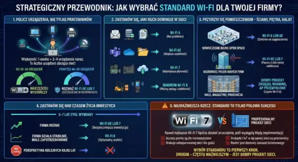 Przewodnik po wyborze standardu Wi-Fi dla firmy: analizuje liczbę urządzeń, ruch w sieci, pomieszczenia, cykl życia inwestycji i znaczenie dobrego projektu sieci, by zapewnić optymalną sieć wewnętrzną.