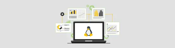 Grafiki i wykresy otaczają laptop z pingwinem Tuxem, symbolizując analizę danych i zasady cyberbezpieczeństwa w systemie Linux.