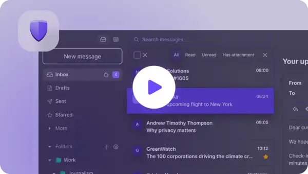 Interfejs poczty e-mail, przypominający Tutanota czy ProtonMail, z ikoną tarczy i listą wiadomości.