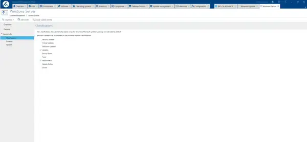 Zarządzanie aktualizacjami w Windows Server: zaznaczone "Updates" i "Feature Packs" dla efektywnego patch management.