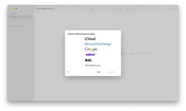 Okno wyboru dostawcy konta mailowego w aplikacji Mail. Dostępne opcje to iCloud, Microsoft Exchange, Google, Yahoo, AOL oraz inne konto mailowe.