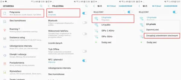 Jak zmienić DNS? Na ekranie telefonu widać opcje "Połączenia", "Wi-Fi", a następnie "Zarządzaj ustawieniami sieciowymi".