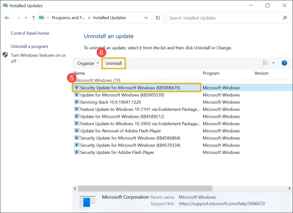 Jak odinstalować sterowniki: zaznacz aktualizację "Security Update for Microsoft Windows (KB5006670)" i kliknij "Uninstall".