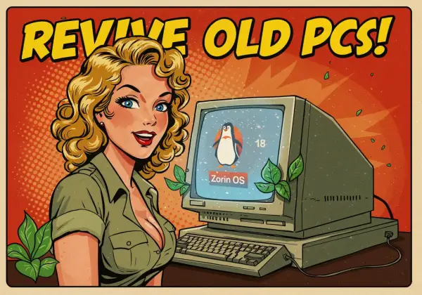 Retro pin-up dziewczyna obok starego komputera z Zorin OS. Napis "Revive Old PCs!" sugeruje, że Zorin Lite ożywi Twój stary sprzęt.