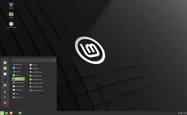 Menu startowe w systemie Linux Mint 20 z widocznym logo i aplikacjami biurowymi LibreOffice.