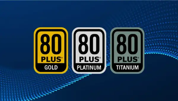 Trzy certyfikaty zasilaczy: 80 PLUS Gold, Platinum i Titanium.