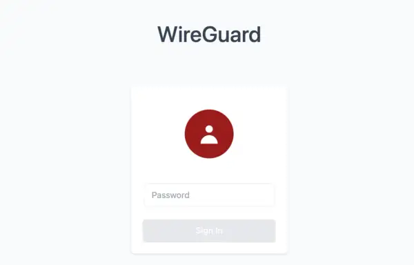 Ekran logowania WireGuard VPN. Czerwone kółko z ikoną użytkownika, pole na hasło i przycisk "Sign In".