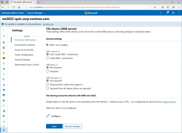 Ustawienia serwera SMB: SMB 1 nie jest zainstalowany, konfiguracja podpisywania i szyfrowania SMB, a także udostępnianie plików przez internet z SMB over QUIC.