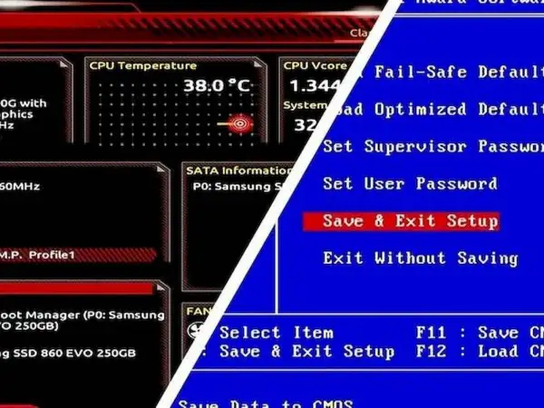 Ekran ustawienia BIOS. Widoczne informacje o temperaturze CPU, napięciu, danych SATA i opcje takie jak "Save & Exit Setup".