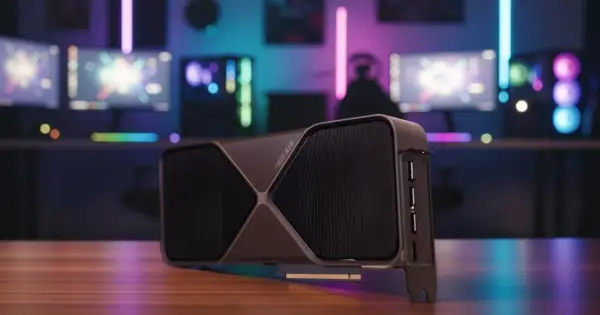 Najnowsza karta graficzna RTX 5090 na drewnianym blacie, w tle gamingowy setup z kolorowymi światłami RGB.