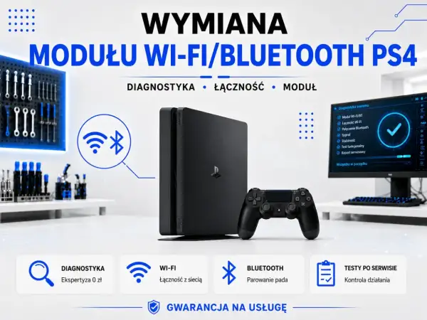 Konsola PS4 z kontrolerem, komputer z diagnostyką systemu. Wymiana modułu Wi-Fi/Bluetooth. Ta sieć Wi-Fi używa starszego standardu zabezpieczeń.