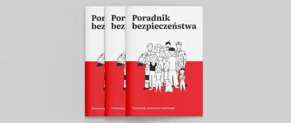 Poradnik bezpieczeństwa z rysunkami ludzi w mundurach i hasłem "Przeczytaj, przećwicz i zachowaj!". Nie ma tu żadnego hakera.