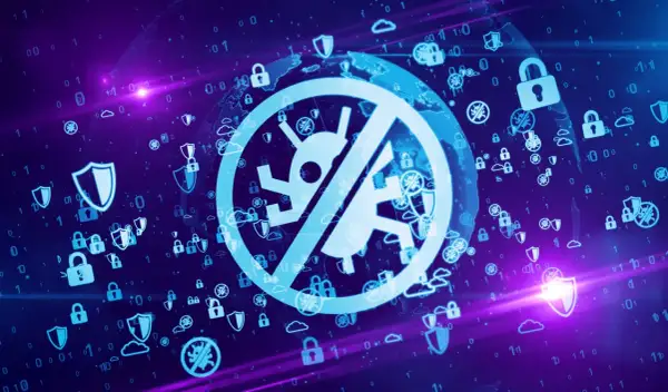Cyfrowy świat chroniony przez antivirus scanner. Ikony tarcz, kłódek i symbol zakazu wirusów na tle kodu binarnego i globusa.