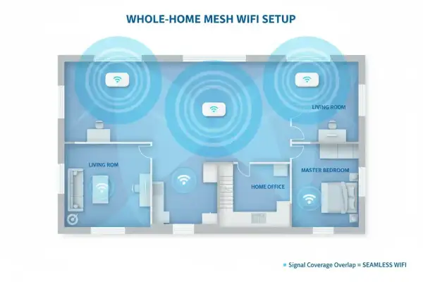 Schemat domu z trzema punktami dostępu tworzącymi sieć mesh. Sygnał Wi-Fi pokrywa całe mieszkanie, zapewniając płynne połączenie.