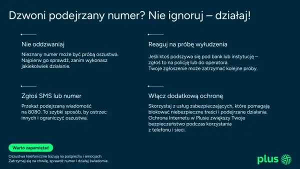 Nie ignoruj podejrzanych numerów, to może być spoofing. Sprawdź, zgłoś SMS na 8080 lub włącz ochronę w Plusie.