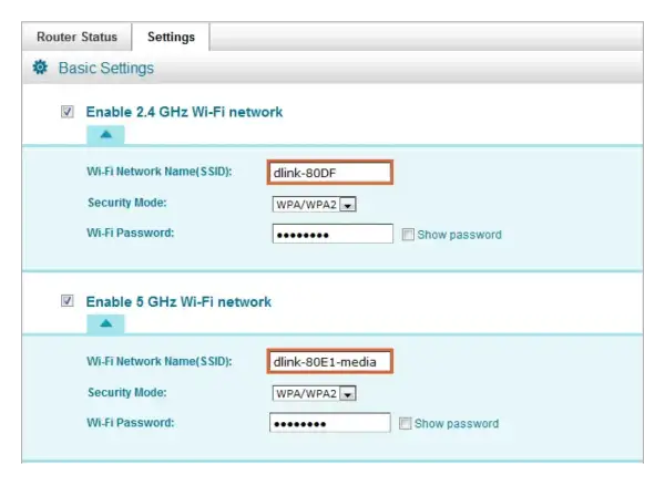 Ustawienia routera: nazwa sieci Wi-Fi (SSID) to "dlink-80DF" dla pasma 2.4 GHz i "dlink-80E1-media" dla 5 GHz.