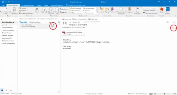 Ikona s/mime outlook z datą 12:14, wskazująca na otrzymaną umowę od Jana Kowalskiego.