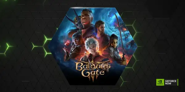 Postać z Baldur's Gate 3 w centrum, otoczona innymi bohaterami. Dowiedz się, jak działa GeForce Now, by grać w tę grę.