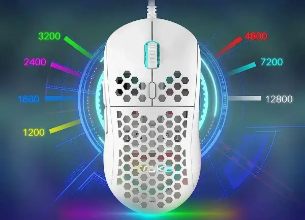 Biała myszka optyczna lub laserowa z podświetleniem RGB i skalą DPI od 1200 do 12800.