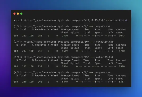 Terminal z poleceniem curl pobierającym dane z API. Widzimy postęp pobierania, prędkość i czas. Curl to narzędzie do transferu danych.