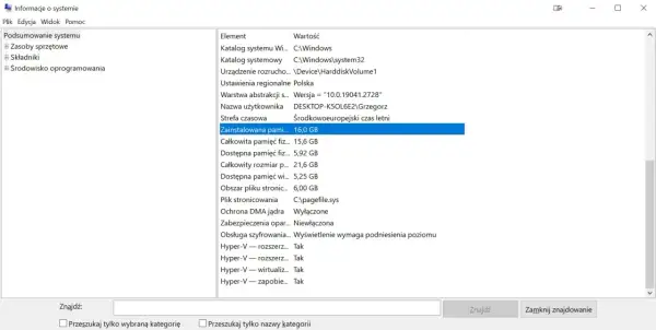 Podsumowanie systemu: zainstalowana pamięć RAM do laptopa to 16,0 GB.