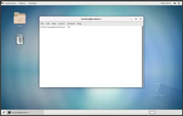 Pulpit z ikonami Home i Trash, otwarty terminal na tle tapety z logo CentOS 7.