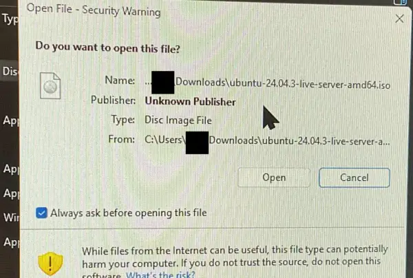 Ostrzeżenie bezpieczeństwa: chcesz otworzyć plik iso z Ubuntu? Wydawca nieznany.