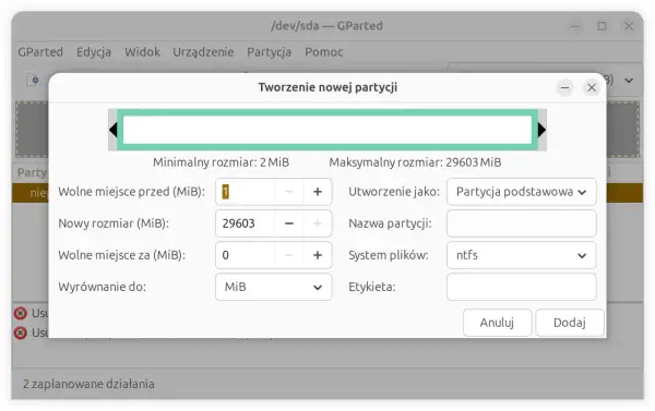 Okno GParted do tworzenia partycji. Ustawienia rozmiaru i systemu plików, przydatne gdy chcesz wiedzieć, jak usunąć partycje z dysku.